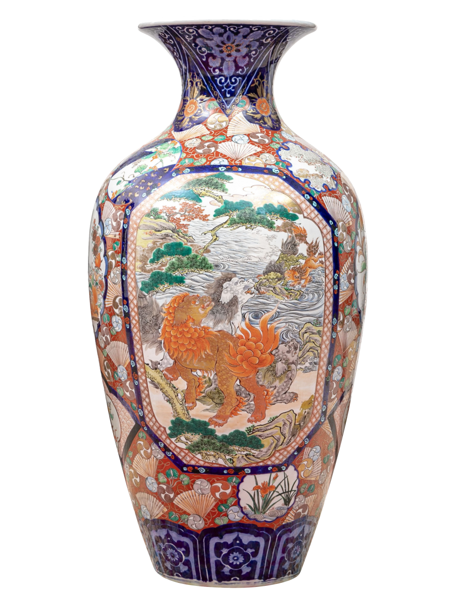 FINE JAPANESE PAINTED PORCELAIN PALACE SIZE JAR With cobalt blue decorated neck and base band.